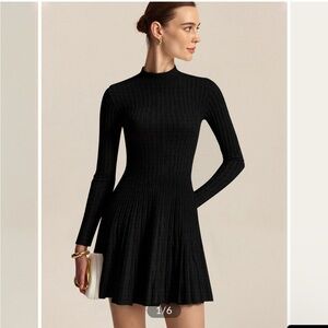 Commense Black Long-Sleeve Ribbed Fit-and-Flare Dress